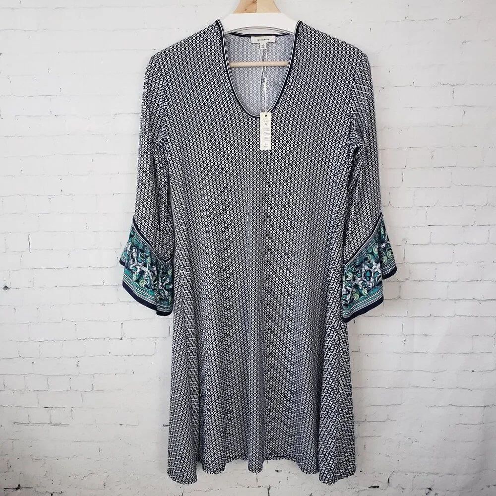 MaxโStudio Jersey Knit Dress Size S Navy Blue Print Bell 3/4 SleevesโStretch